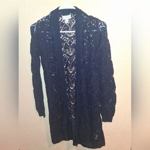 Susan Graver Open Knit Long Line cardigan Navy Blue Oversized XS